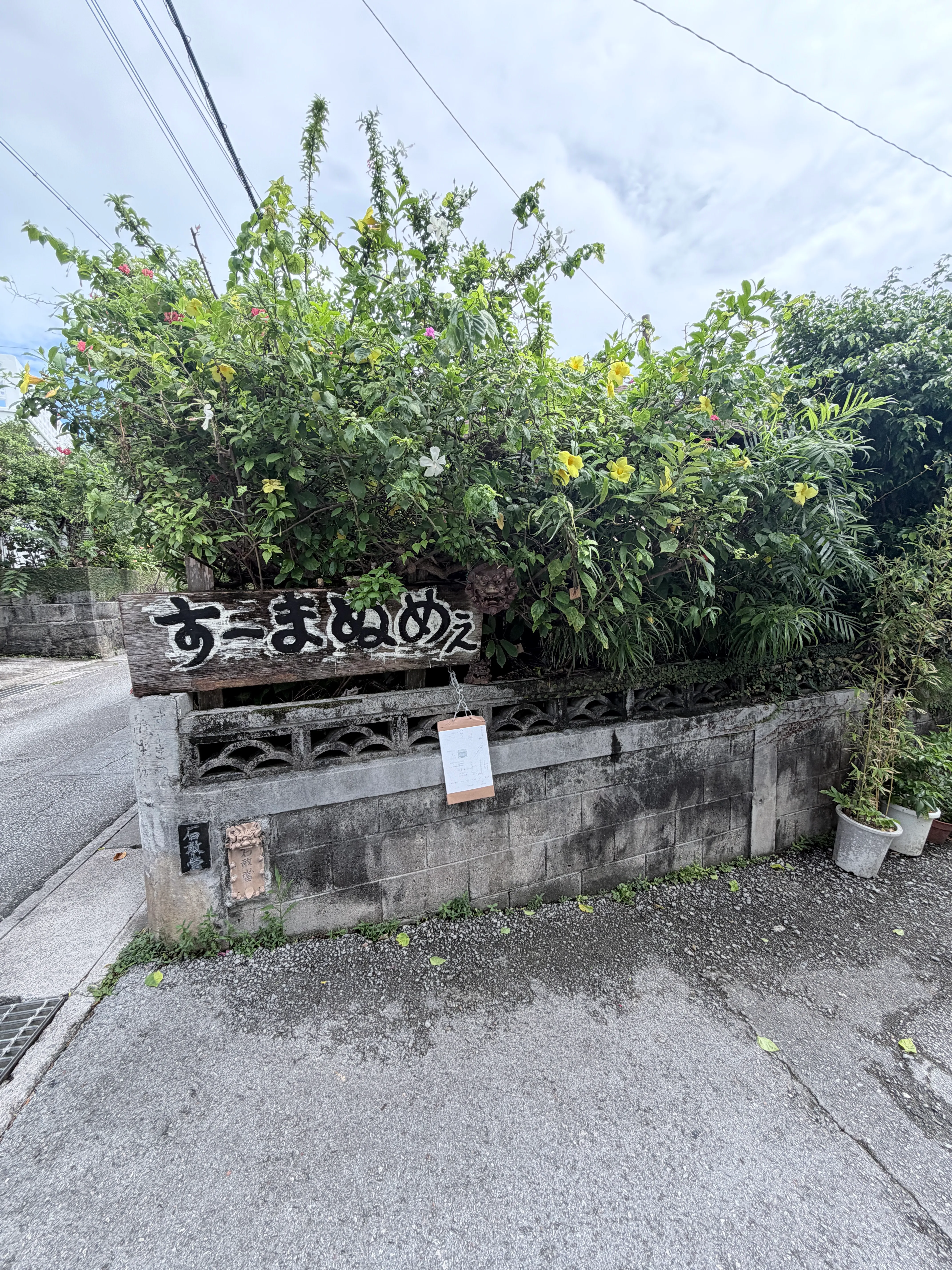 すーまぬめーの店構え。手書きの看板が緑に囲まれて掲げられている